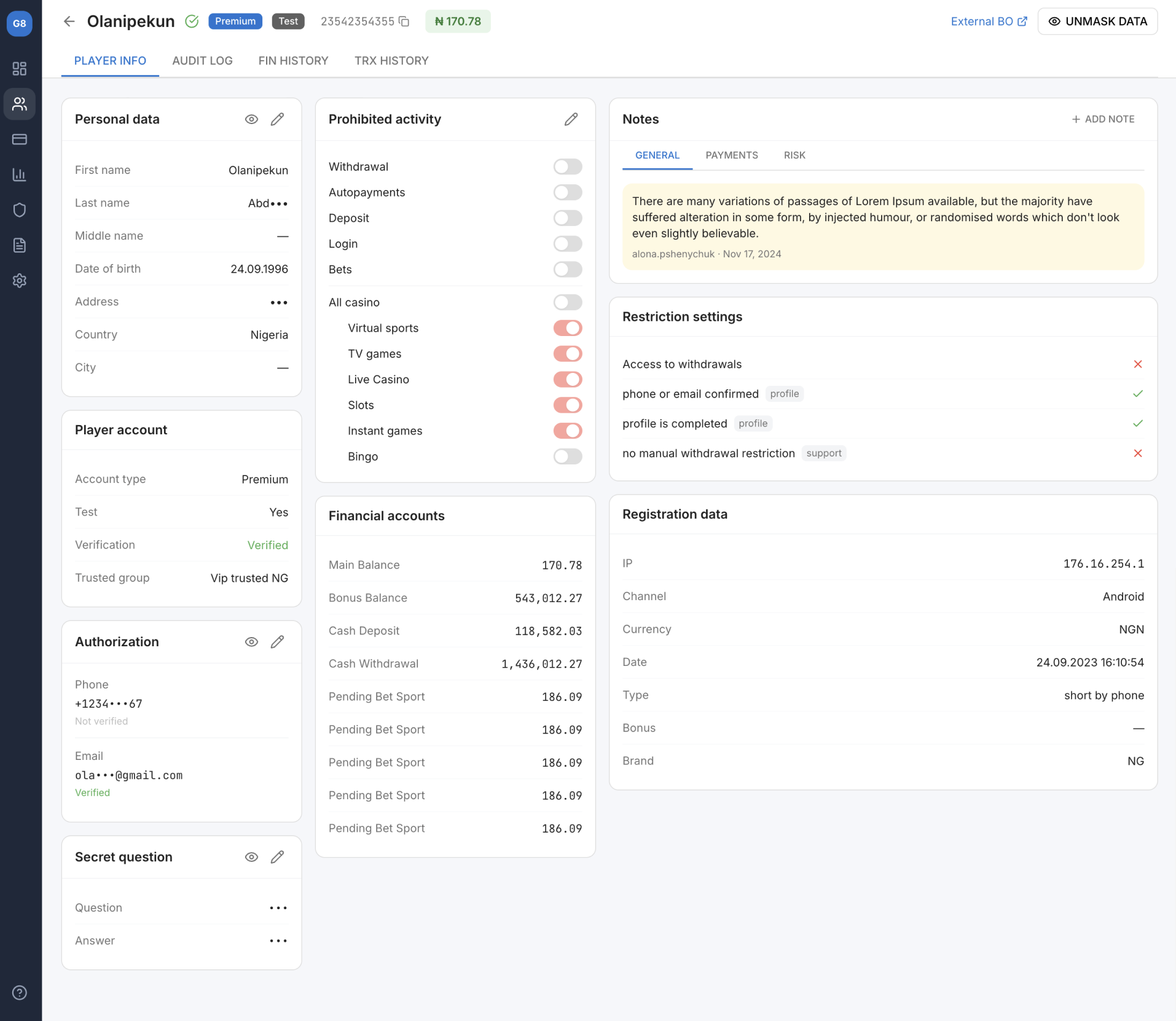 Backoffice Player Info — redesigned interface