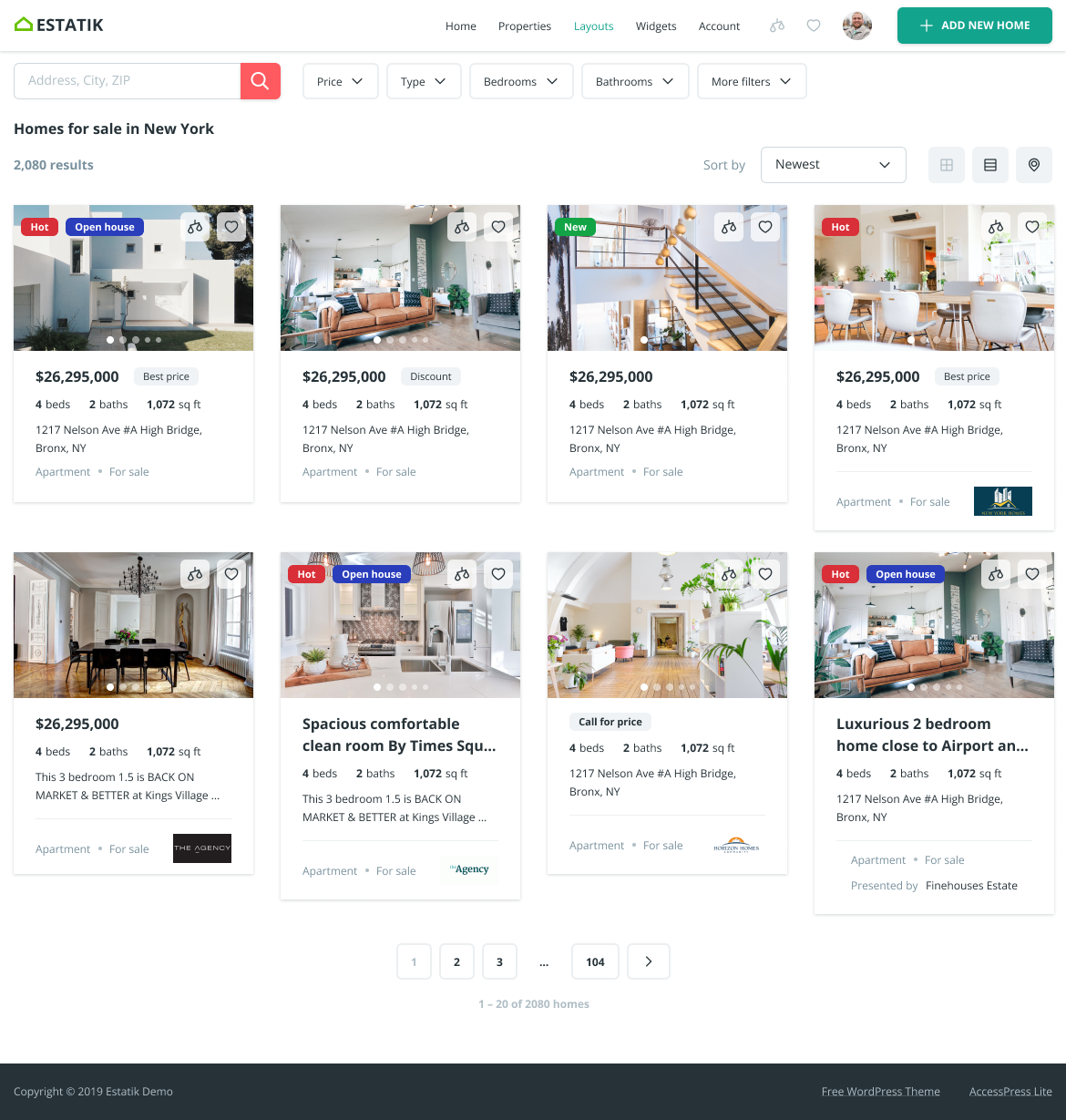 Desktop property listing — grid view with filters