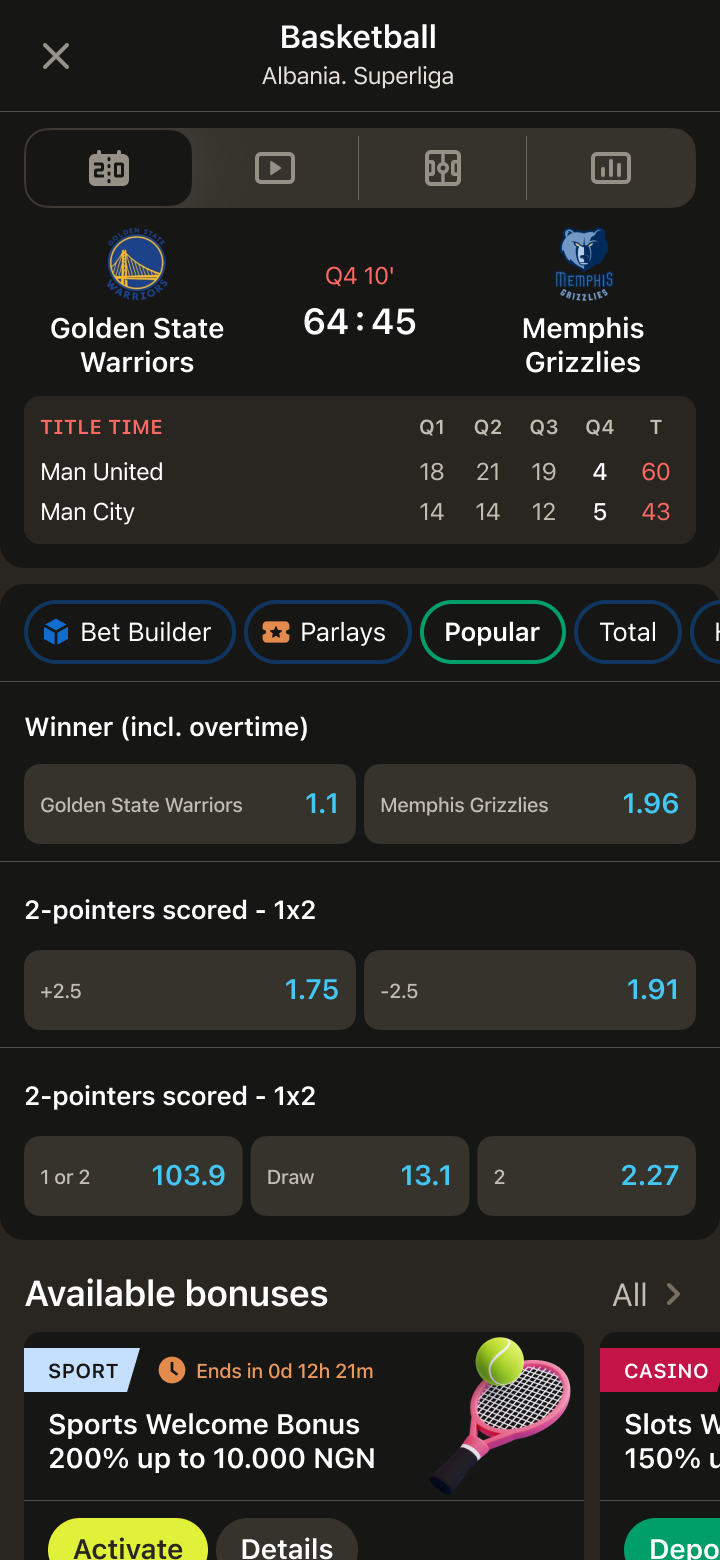 Sports betting screens