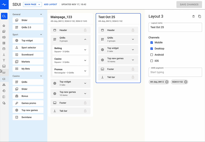 SDUI Builder — full interface with layout management, widget tree, and channel settings