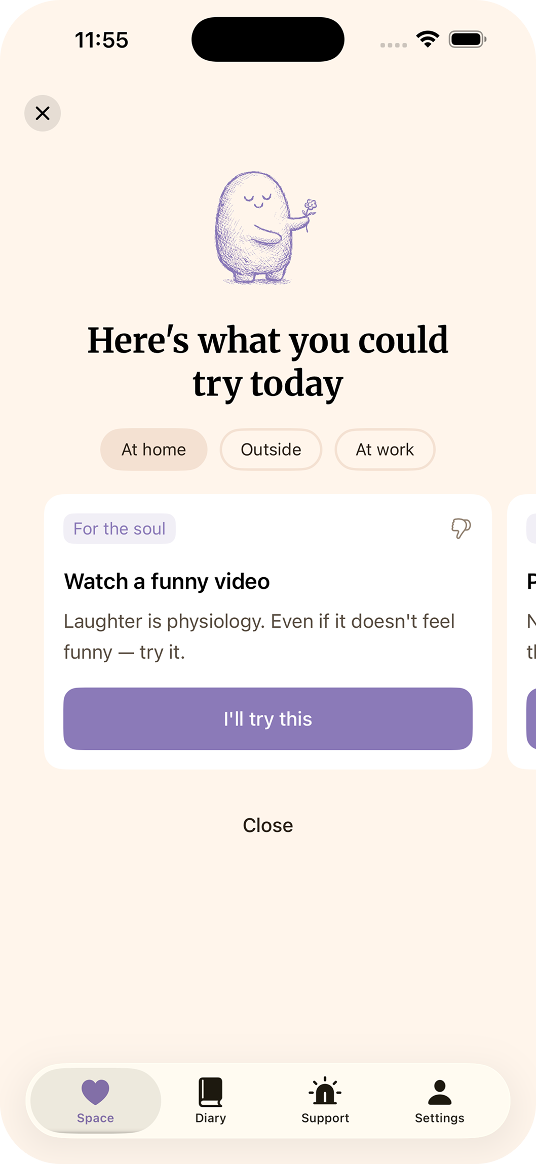 Micro-action cards — gentle self-care suggestions