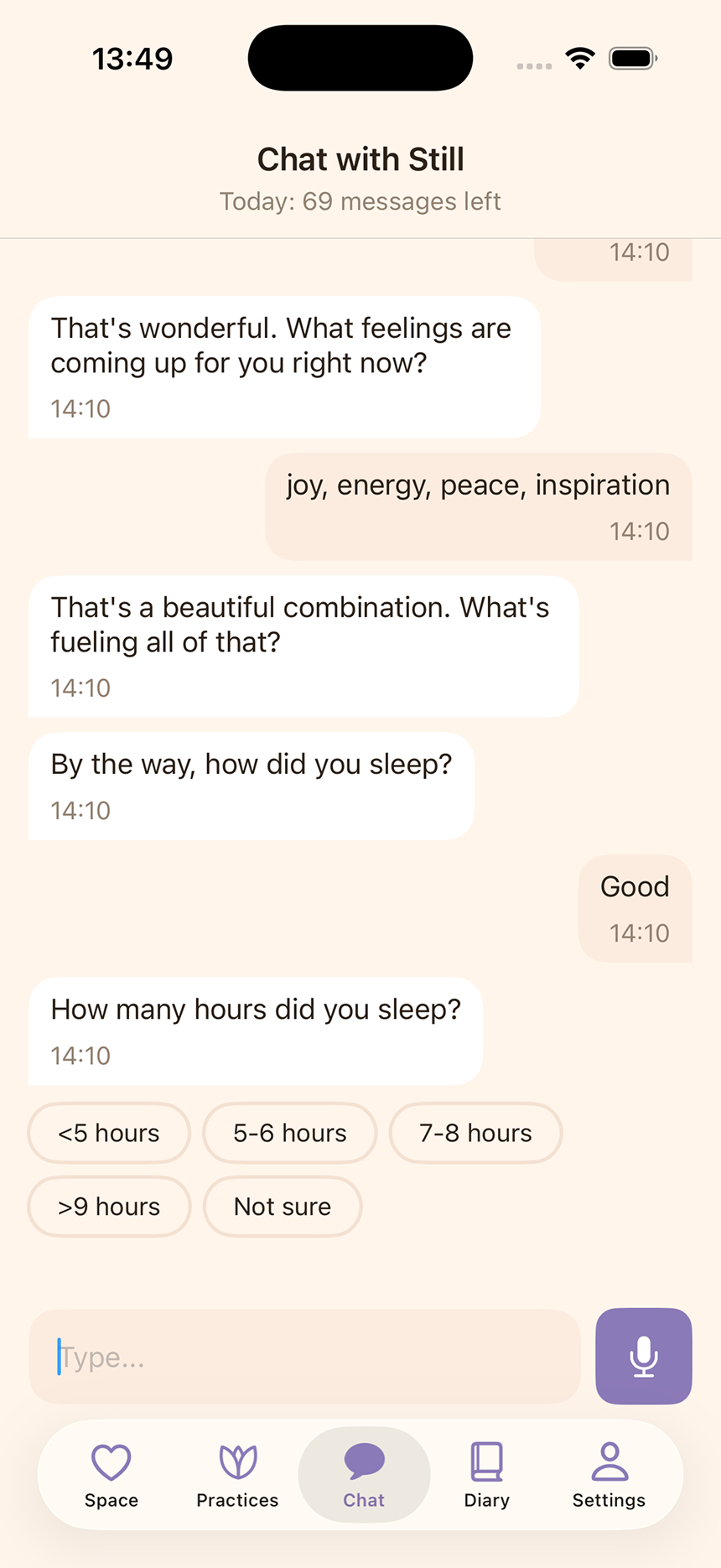Chat with Still — AI companion conversation with quick-reply chips and voice input