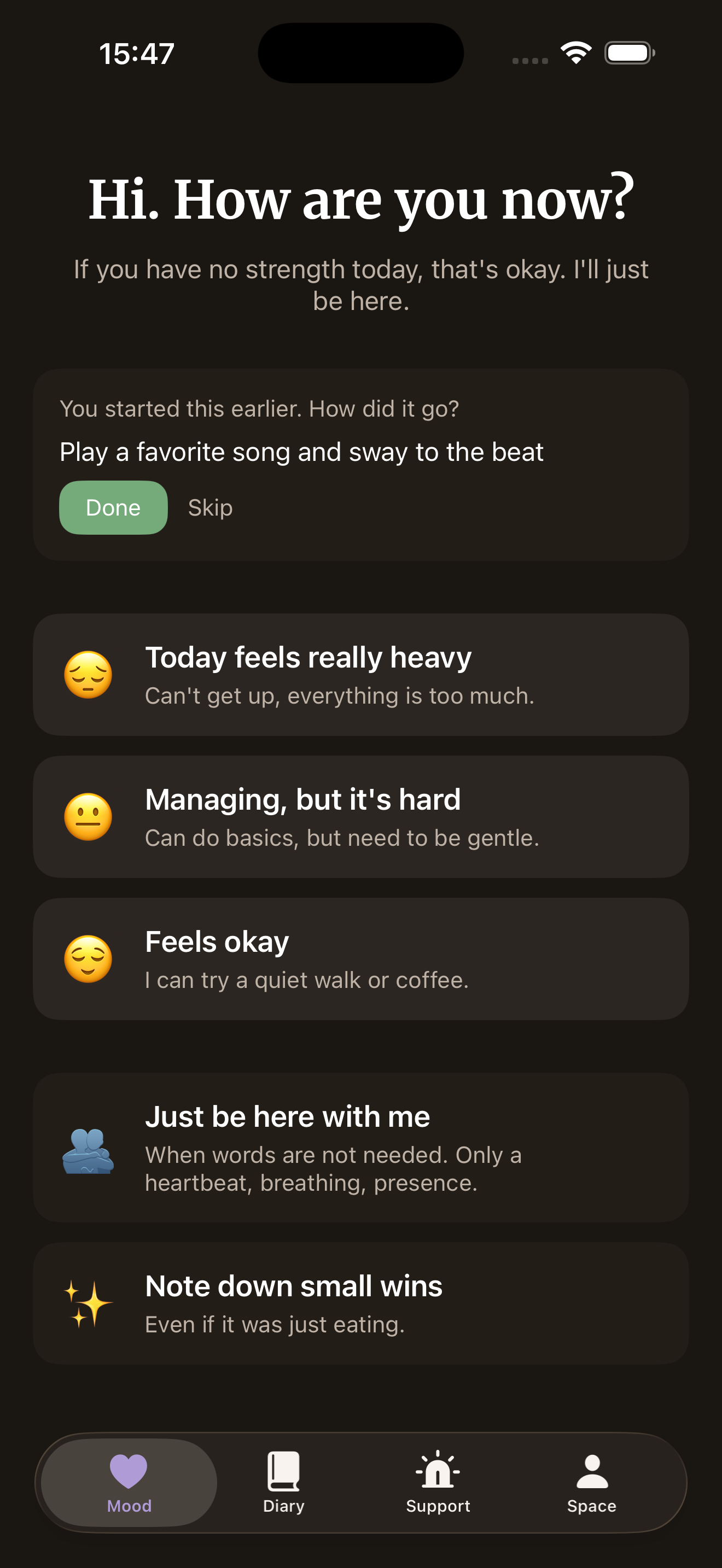 Mood check-in — dark theme