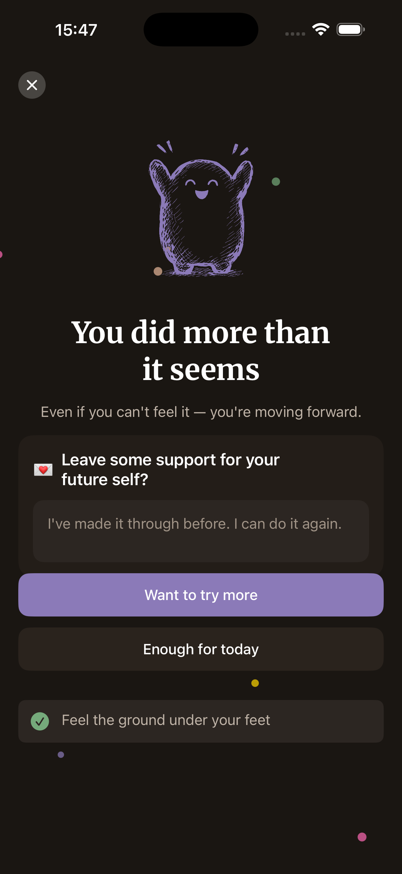 Completion screen — dark theme