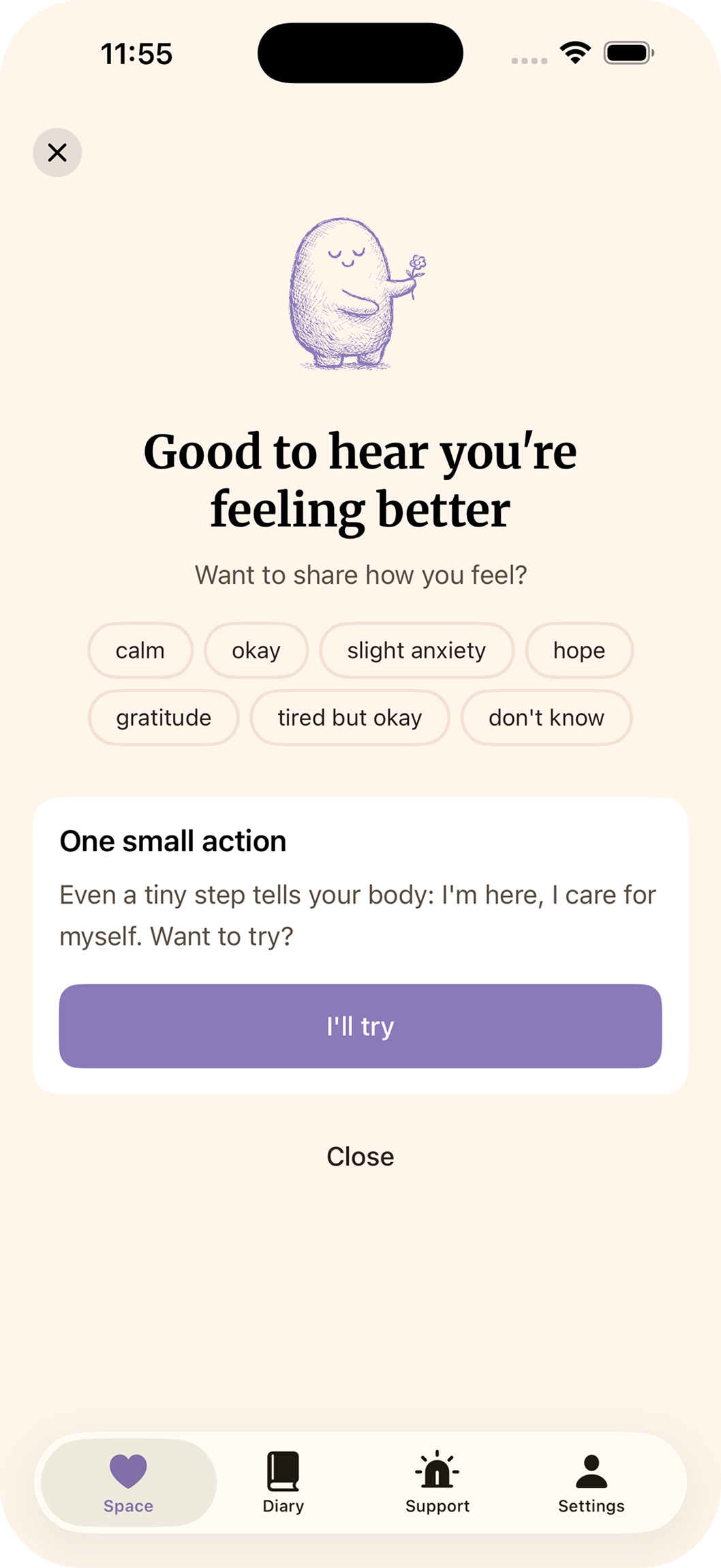 Emotion tagging — calm, hope, gratitude, tired but okay