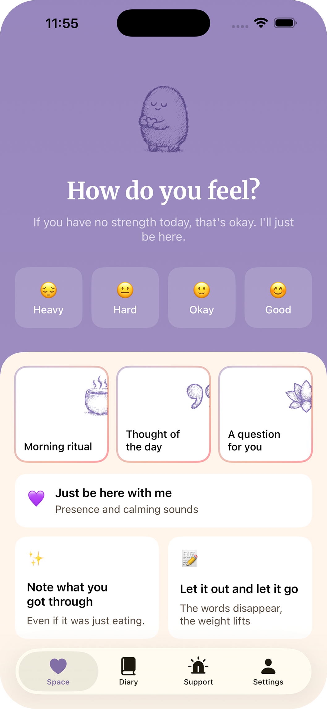 Home screen — How do you feel? with mood check-in and daily cards