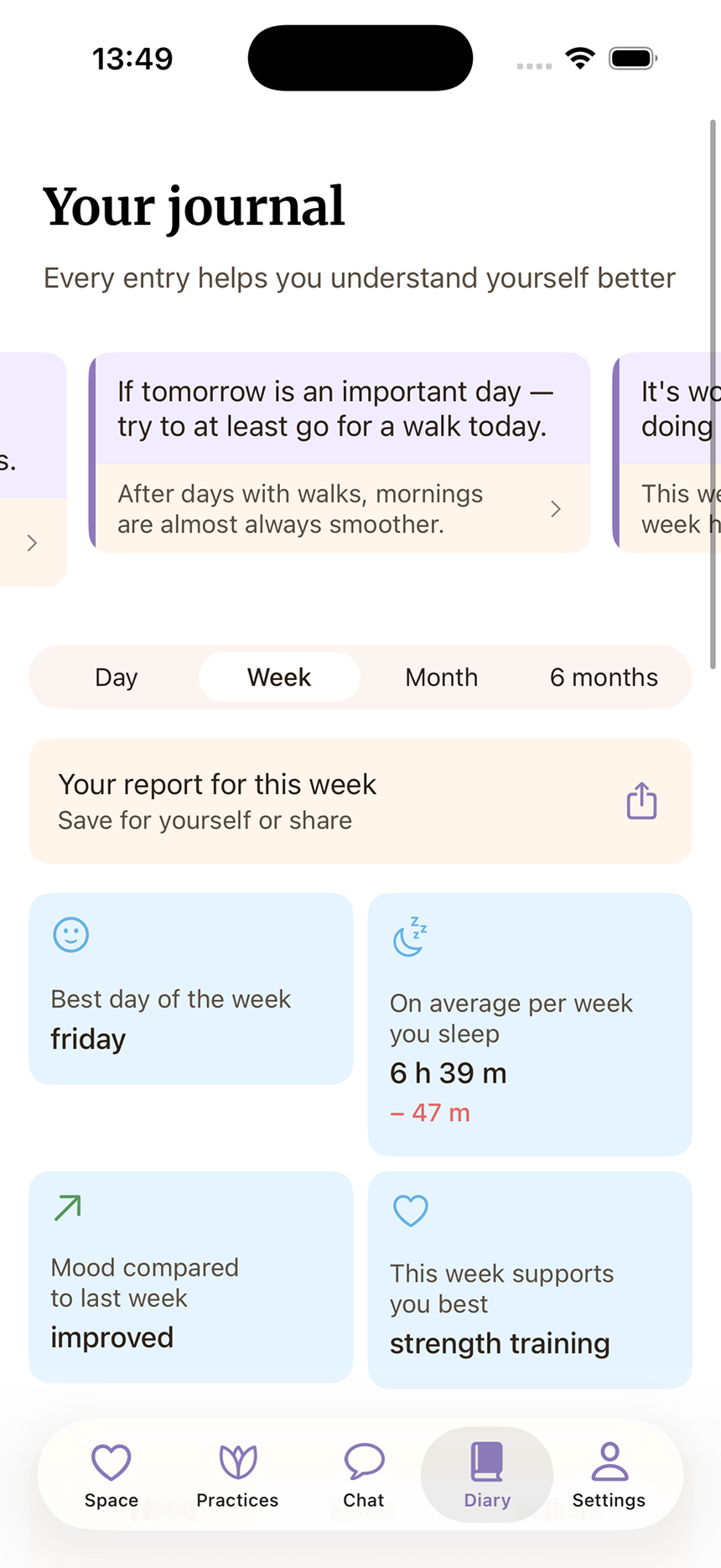 Your journal — weekly report with best day, average sleep, mood trend and what supports you best