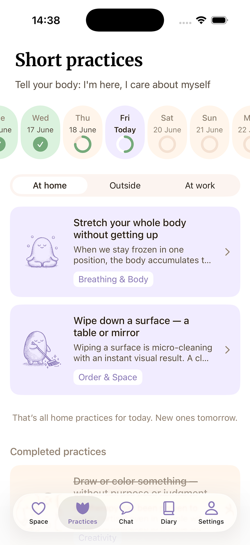 Short practices — energy-matched micro-actions with At home / Outside / At work filters and daily progress